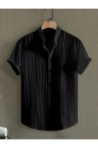 Men Black Textured Mandarin Collar Shirt