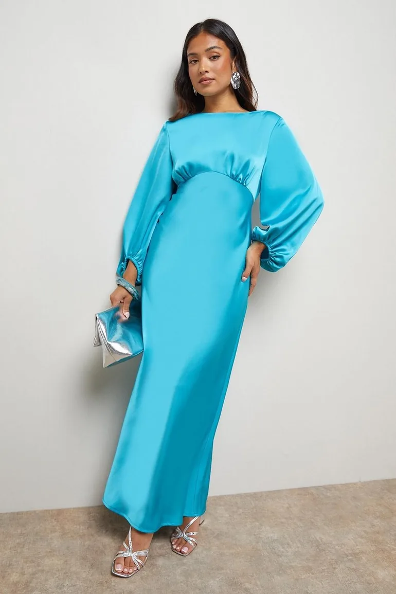 Petite Satin Boho Sleeve Crew Neck Bias Midi Dress Oasis Blue : Dresses :  VogaCloset Iraq