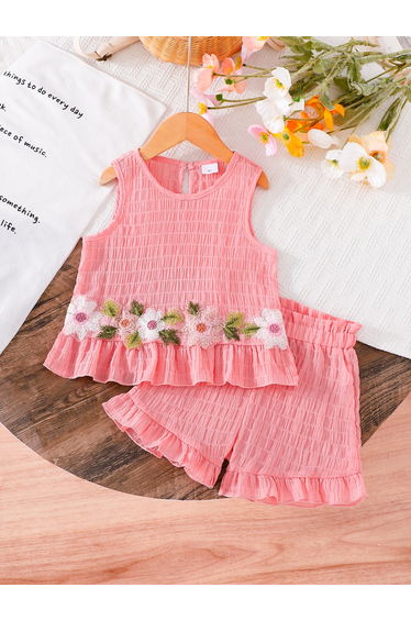 Girls Floral Embroidered Sleeveless Top and Shorts Set