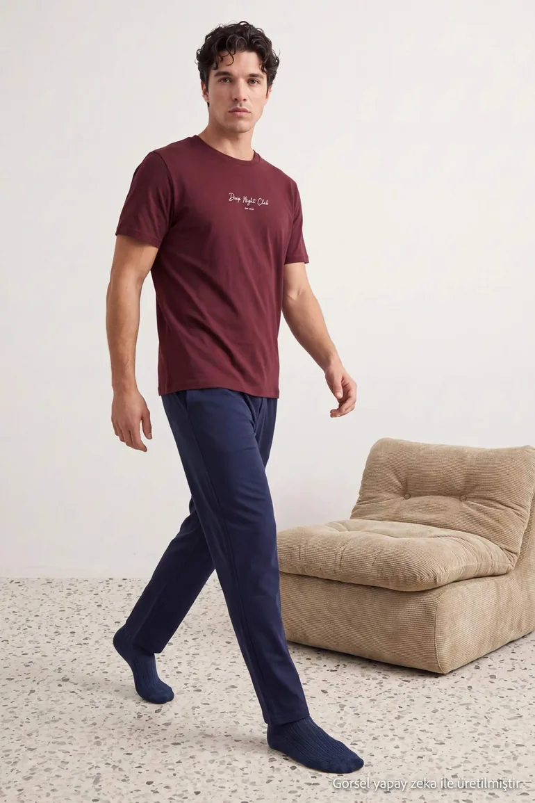 Burgundy - Navy Blue Regular Fit Slogan Printed Knitted Pajama Set - 7