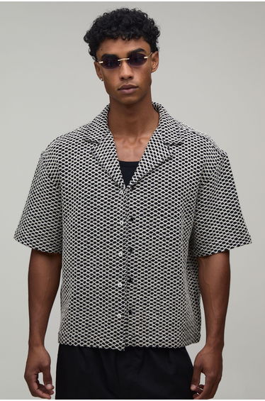 Oversized Boxy Basket Weave Shirt - natural