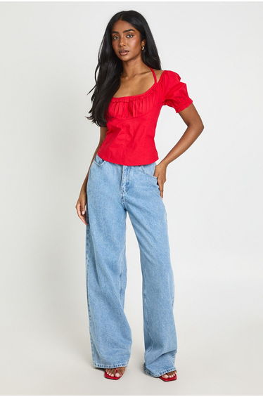 Poplin Halterneck Milkmaid Top - red
