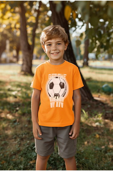 Orange Boy 100% Cotton Football Patterned Regular Fit Short Sleeve Knitted T-Shirt