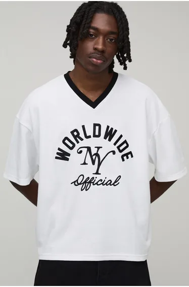 Oversized Boxy V-Neck Worldwide Embroidered Ringer Waffle T-Shirt - white