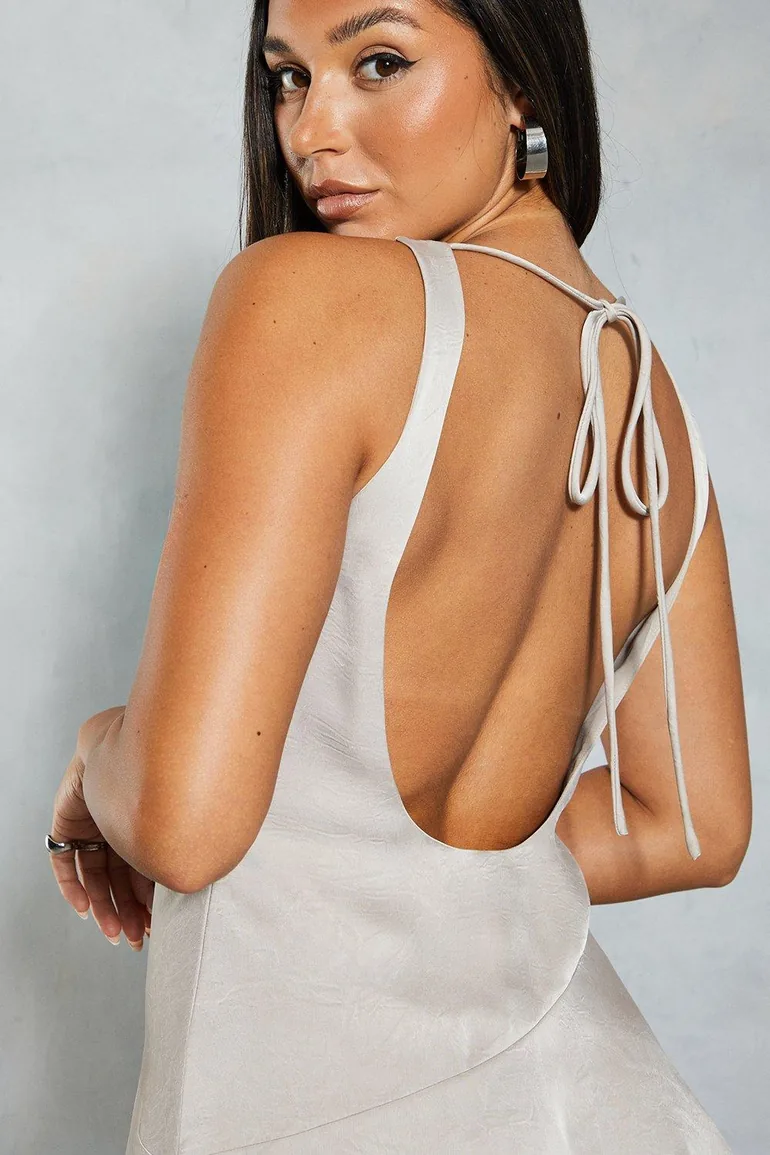 Crinkle Satin Cowl Neck Open Back Mini Dress - 2