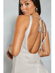 Crinkle Satin Cowl Neck Open Back Mini Dress - 2