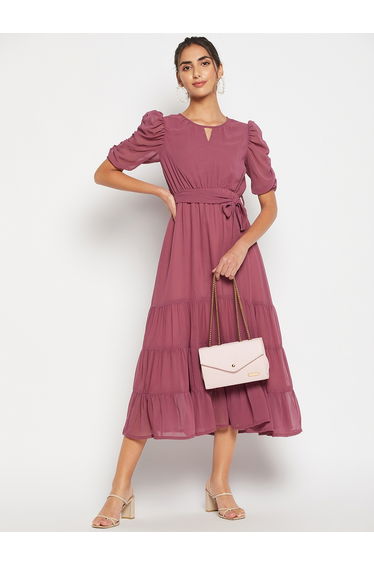Woman Pink Ruched Tiered Midi Dress