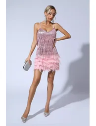 Lilliana Pink Feather Tassel Sequin Mini Dress - 6