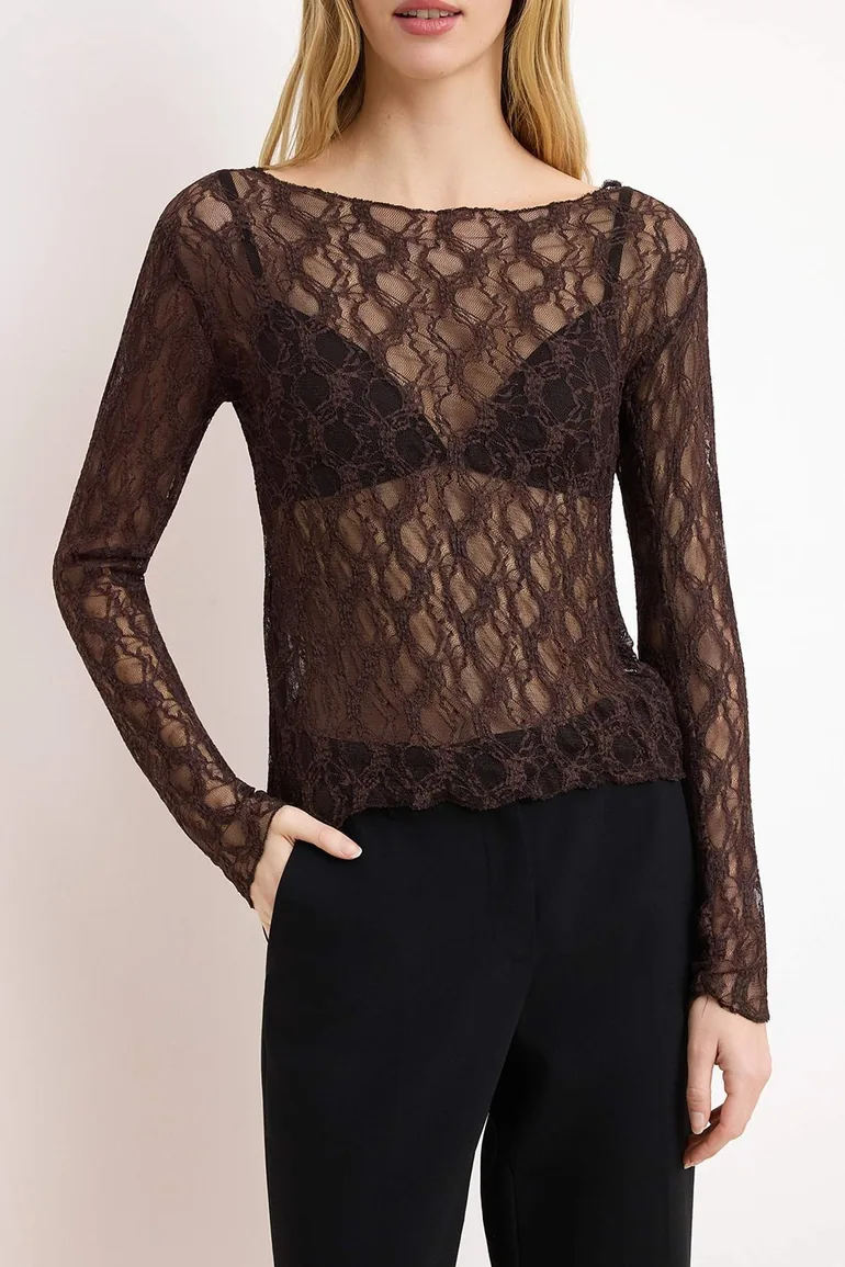 Brown Fitted/Bodycon Boat Neck Long Sleeve Lace Knitted Blouse - 2