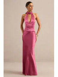 Lareina | Hot Pink Satin Maxi Skirt - 1