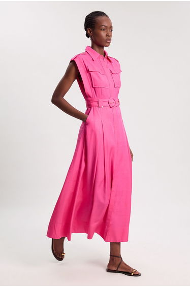 Premium Viscose Linen Belted Woven Midaxi Dress With Gold Hardware Detail