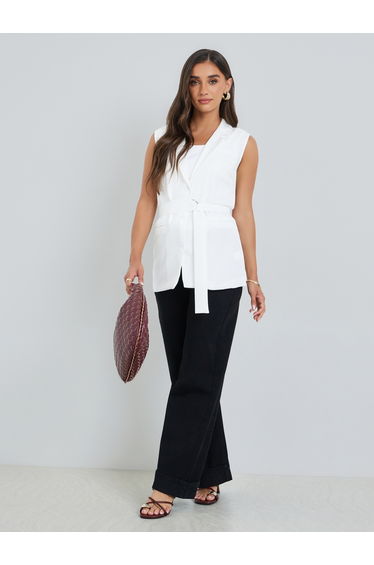 Women White Belted Sleeveless Waistcoat