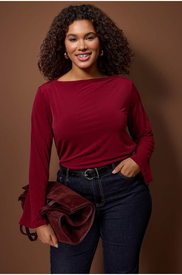 Burgundy relaxed fit spanish sleeve stretch knit blouse