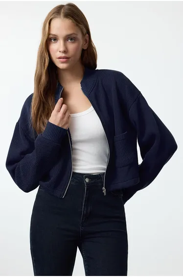 Navy Blue Zipper Collar Pocket Detailed Regular/Normal Fit Crop/Short Jacket
