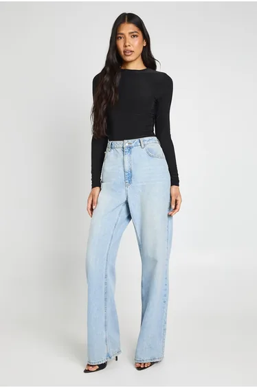 Tall Double Layer Slinky Long Sleeve Crew Neck Bodysuit - black