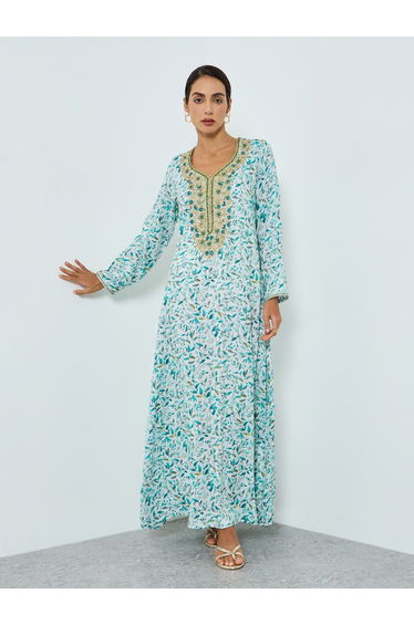 Women Blue Floral Print Embroidered Jalabiya