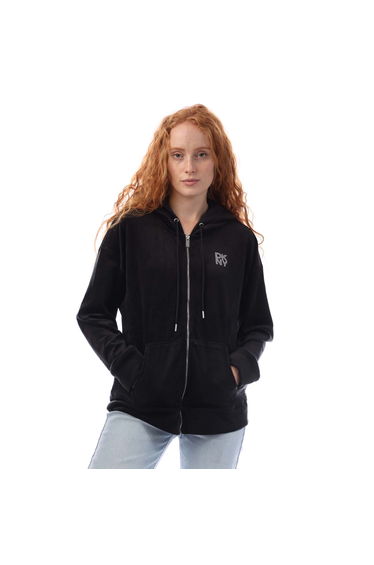 Women's DKNY Full Zip Rhinestone Logo Velour Hoody in Black
