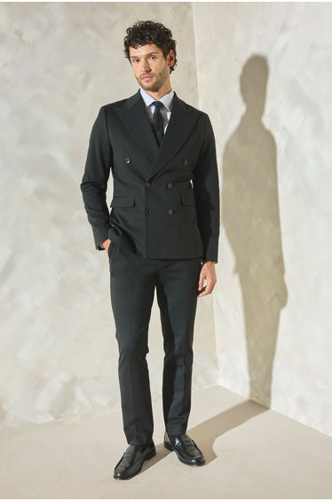 Navy Textured Wide Lapel Double Breasted Blazer