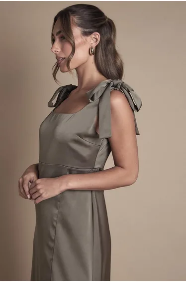 Petite Satin Tie Shoulder Midi Bridesmaid Dress