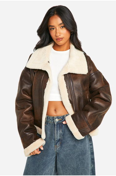 Petite Vintage Faux Leather High Neck Aviator - brown