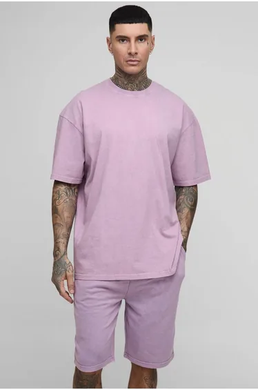 Tall Oversized Acid Wash T-Shirt & Short Set - purple