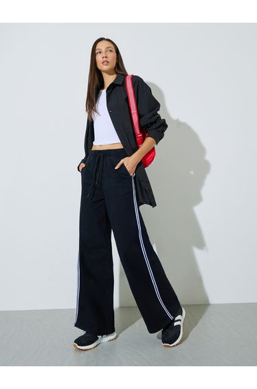 Black Wide Leg Denim Jogger with Side Taping Detail