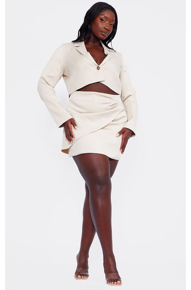 Plus Stone Linen Look Ruched Detail Mini Skirt
