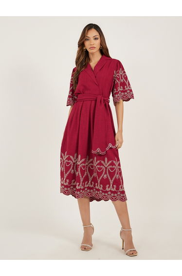 Schiffli Detail Volume Sleeves A-Line Midi Dress
