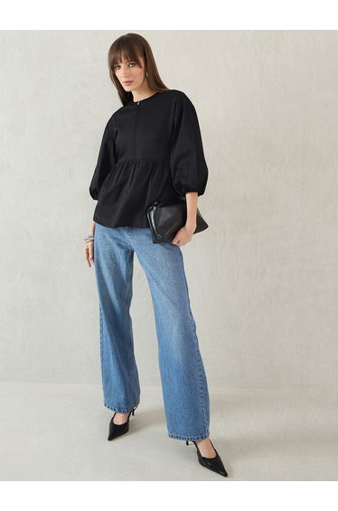 Black Cotton Half-Zip Peplum Top