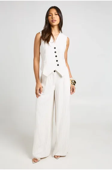 Stripe Linen Look Asymmetric Waistcoat - ecru
