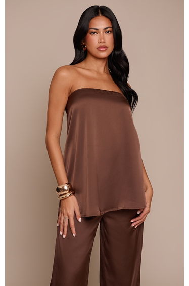 Chocolate Satin Floaty Bandeau Long Top