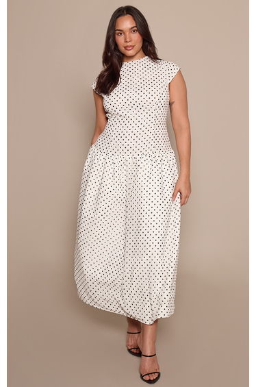 Plus White and Black Polka Dot Midaxi Drop Waist Dress