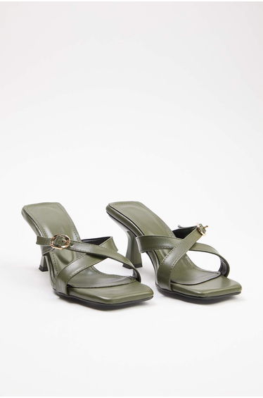 Khaki gold buckled square toe women's 7 cm heeled slipper