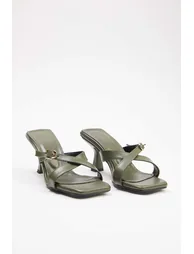 Khaki gold buckled square toe women's 7 cm heeled slipper