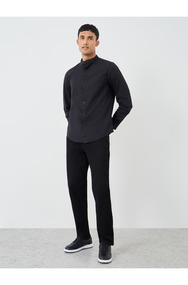 Solid Mandarin Collar Regular Fit Poplin Shirt