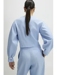 Blue Linen Blend Balloon Sleeve Jacket - 2