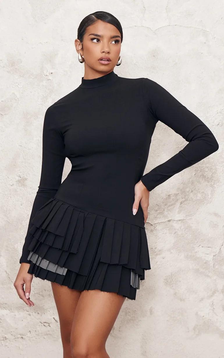 black stretch woven extreme pleated shift dress Shop Black Stretch Woven Extreme Pleated Long Sleeve Shift Dress Online in  Oman
