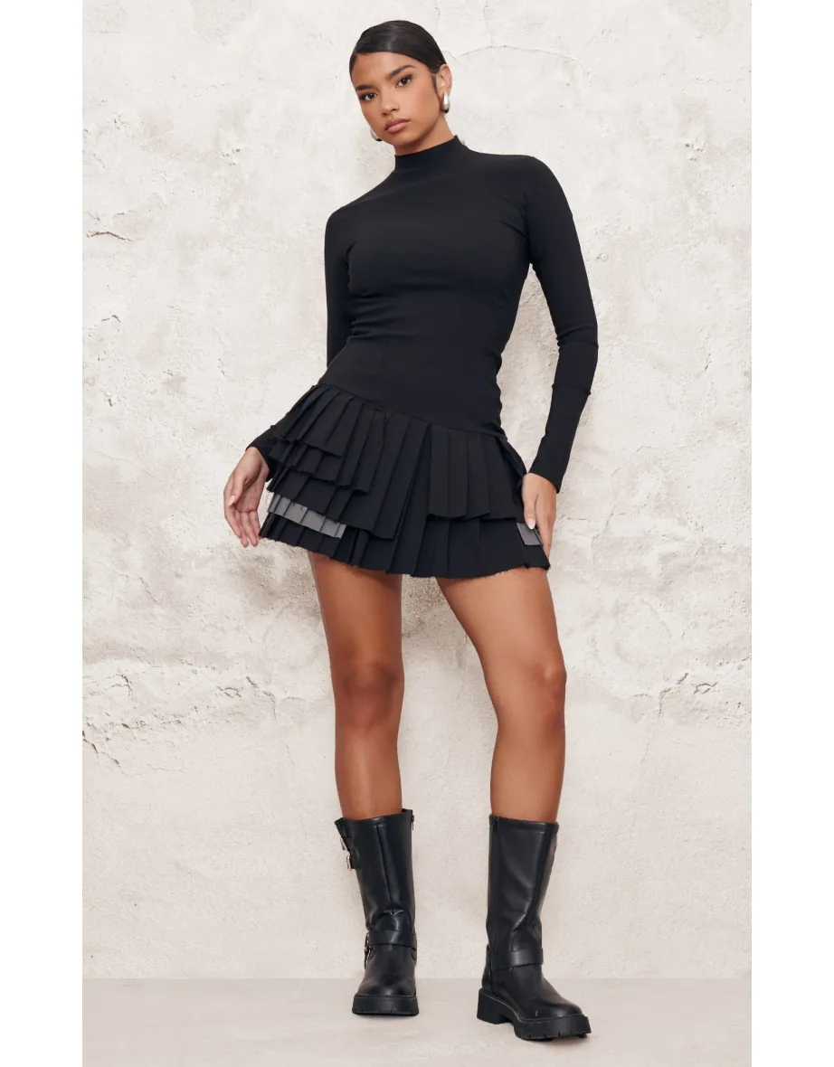 black stretch woven extreme pleated shift dress Shop Black Stretch Woven Extreme Pleated Long Sleeve Shift Dress Online in  Oman