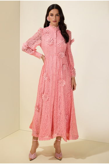 3D Flower Lace Long Sleeve Midi Dress