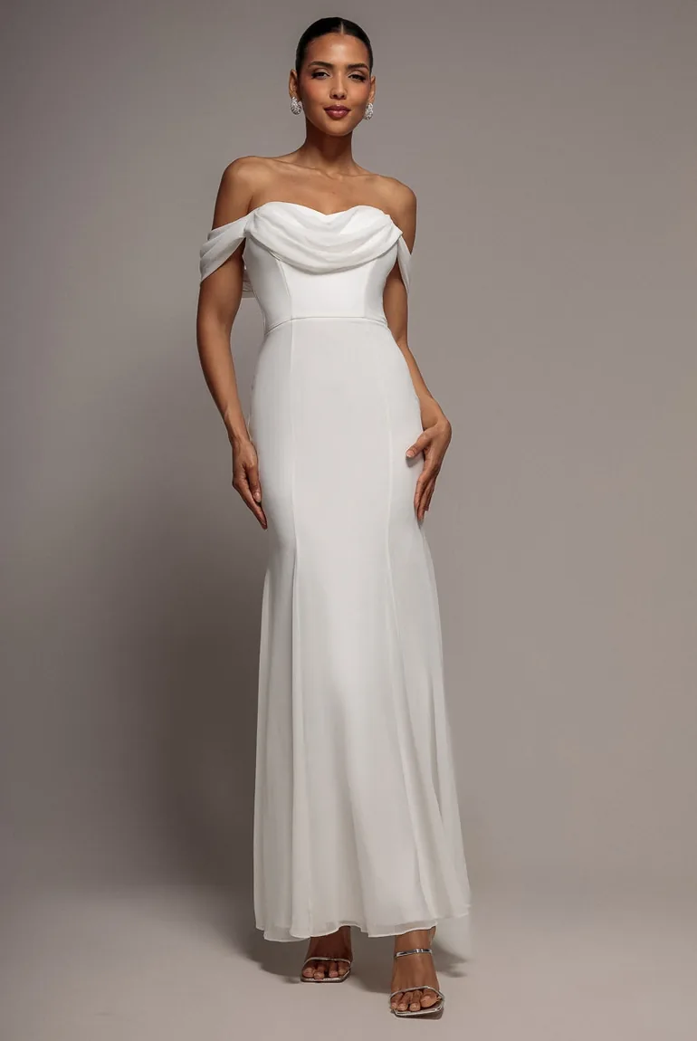 chiffon bardot maxi dress Navy Coast Crinkle Chiffon Bardot Bridesmaid Maxi Dress