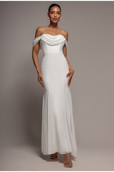 Chiffon Bardot Cowl Neck Maxi Dress - White by Goddiva