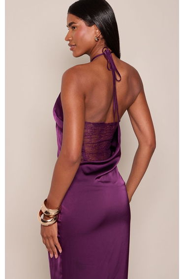 Deep Purple Satin Cowl Back Lace Detail Maxi Dress product thumbnail 4