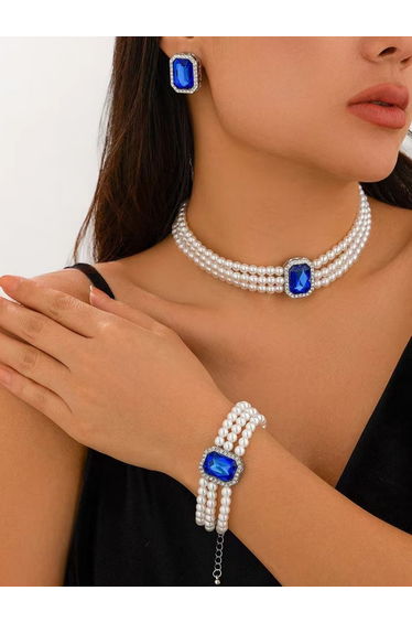 3-Piece Square Rhinestone Drop Faux Pearl Layered Necklace, Bracelet and Earrings Jewelry Set