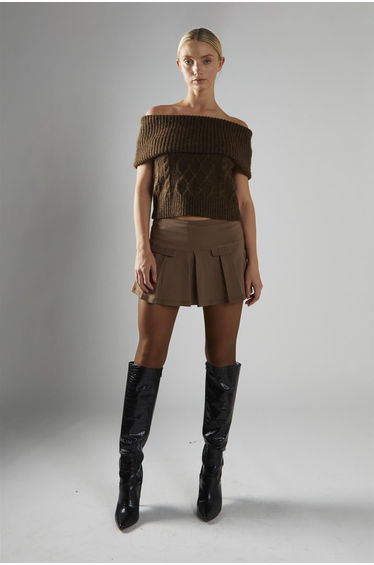 Dark-Brown Bardot-Cable-Knit Jumper