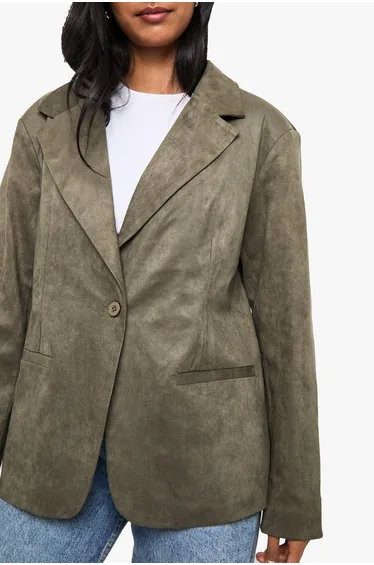 Boxy Oversized Faux Suede Blazer - olive