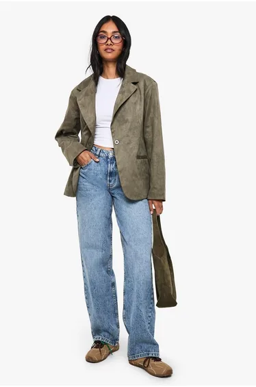 Boxy Oversized Faux Suede Blazer - olive