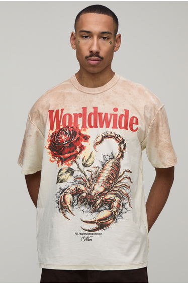 Ecru Oversized Exposed Seam Scorpion Graphic Spray Wash T-Shirt - ecru