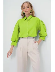 Women's Water Green Balloon Sleeve Hidden Placket Basic Poplin - 2