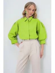Women's Water Green Balloon Sleeve Hidden Placket Basic Poplin - 3