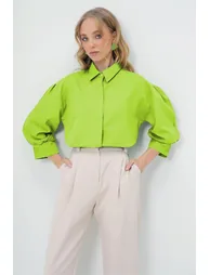 Women's Water Green Balloon Sleeve Hidden Placket Basic Poplin - 1